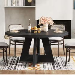 Roessler Farmhouse Black Wood 47 in. W Pedestal Round Dining Table without Chairs, Kitchen Dining Table Seats 4