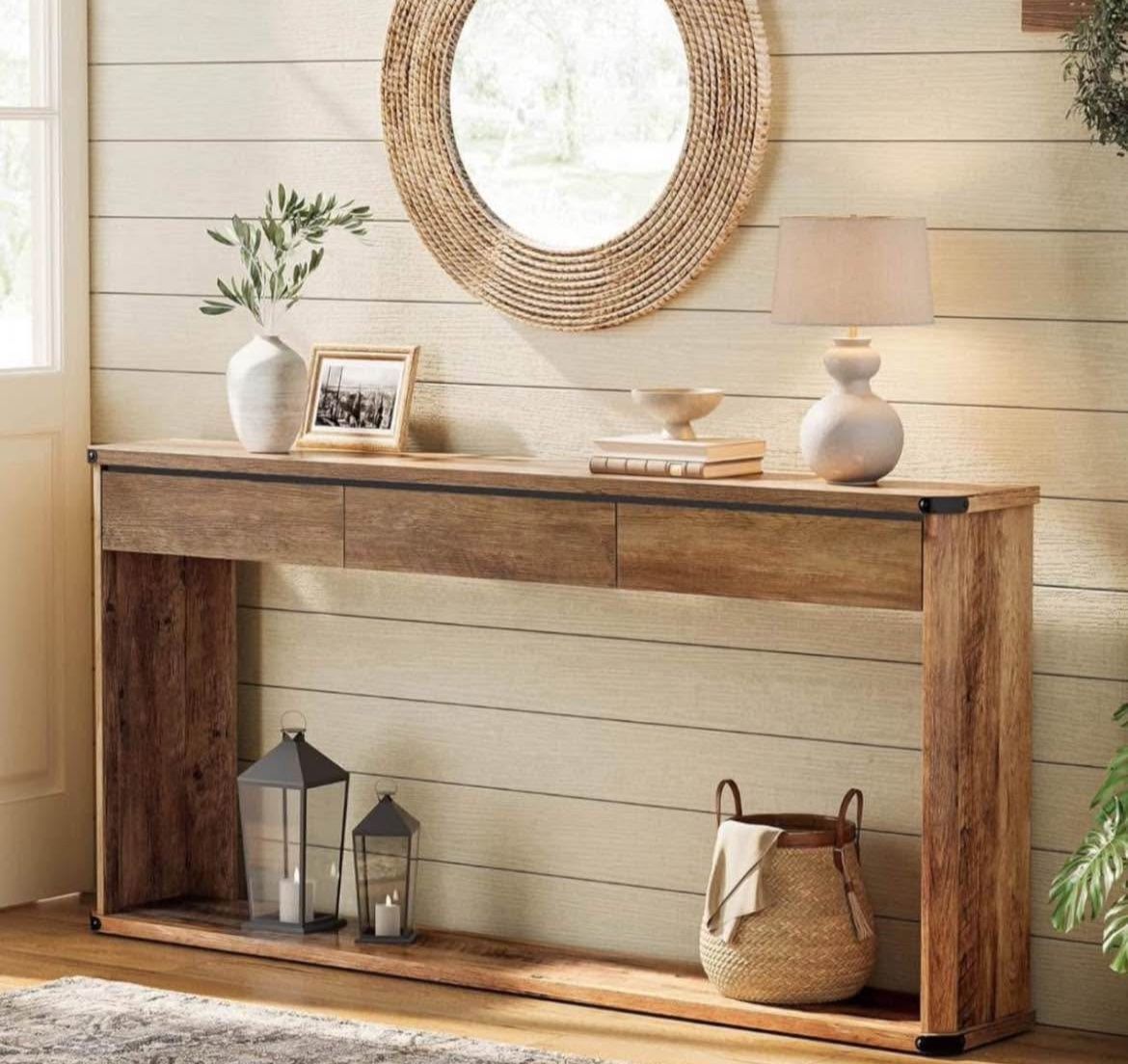 Console Table, 63 Inches Sofa Table, Narrow Entryway Table, Entry Table with 3 Drawers, Bottom Shelf, Metal Corners, for Living Room, Bedr