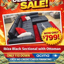 NOW ONLY $799! IBIZA BLACK SECTIONAL AND OTTOMAN SET 