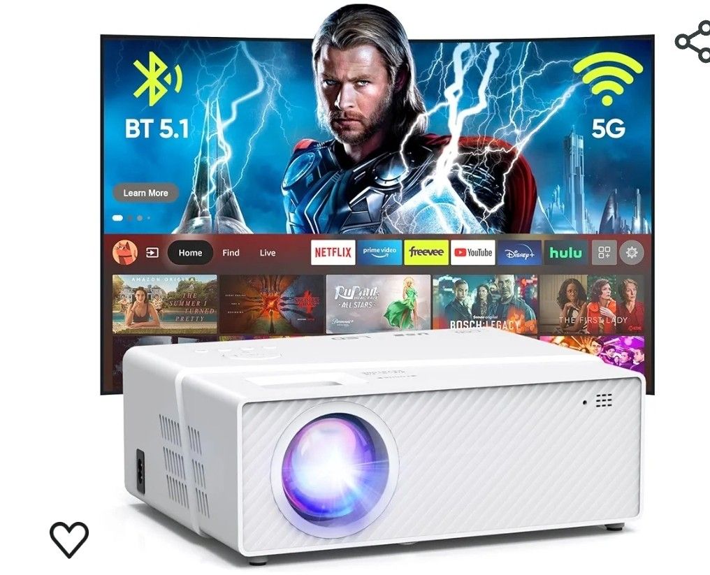 9
5G WiFi Bluetooth Projector with Screen, 450 ANSI Real Native 1080P 4K Outdoor Projector for Theater Movies, Synchronize Smartphone, Compatible W/T