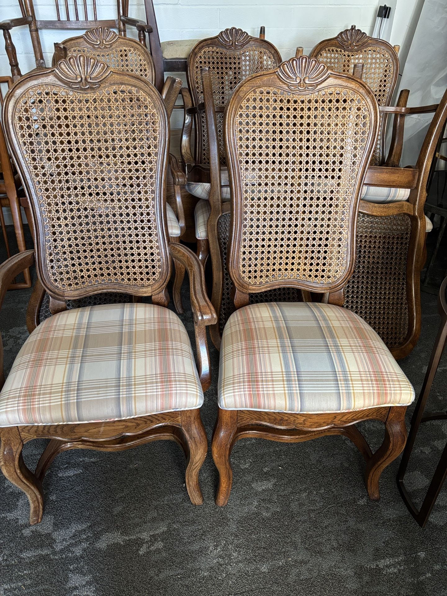 8 Vintage French Country Oak Cane-Back Chairs – Solid Wood, Beautiful Character by “Hickory Chairs”