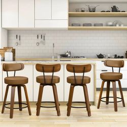 26'' Swivel Bar Stools Set of 4, Upholstered Faux Leather. Brown