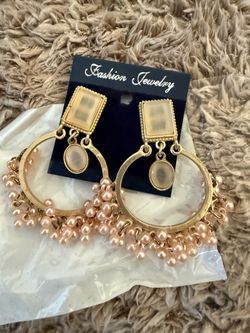 Gold Hoop Drop Earrings with Pearl Beads