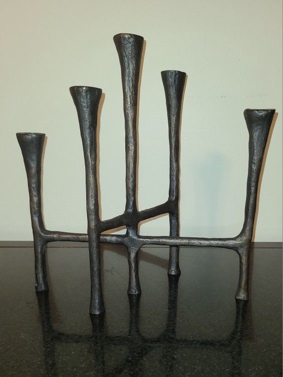 Crate & Barrel Metal Candelabra – Danish Brutalist Style, 5 Candle Holder