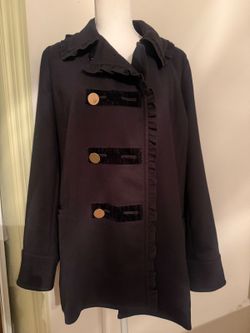 Crown & Ivy Black Ruffle-Trim Button Front Coat