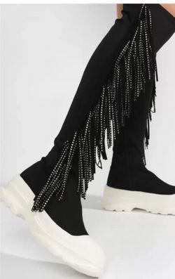Black Rhinestone Fringe Platform Knee High Boots Chunky White Sole whimsygoth