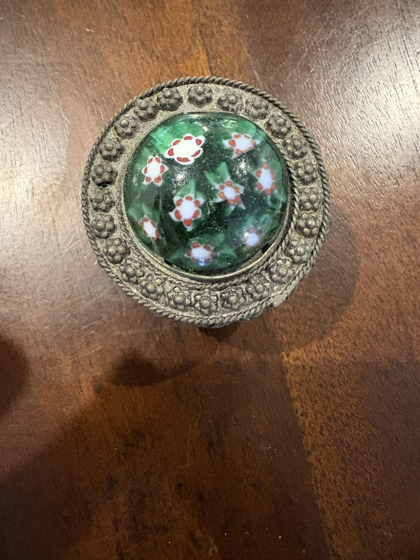Antique Silverplate Green Glass Tibetan Etruscan Design Trinket Box