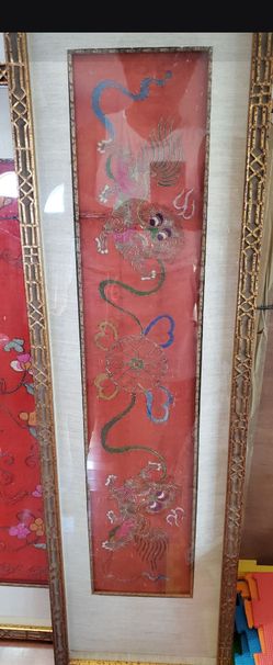 Antique Chinese Qilin Silk Embroidery Framed Panel 13x50"
