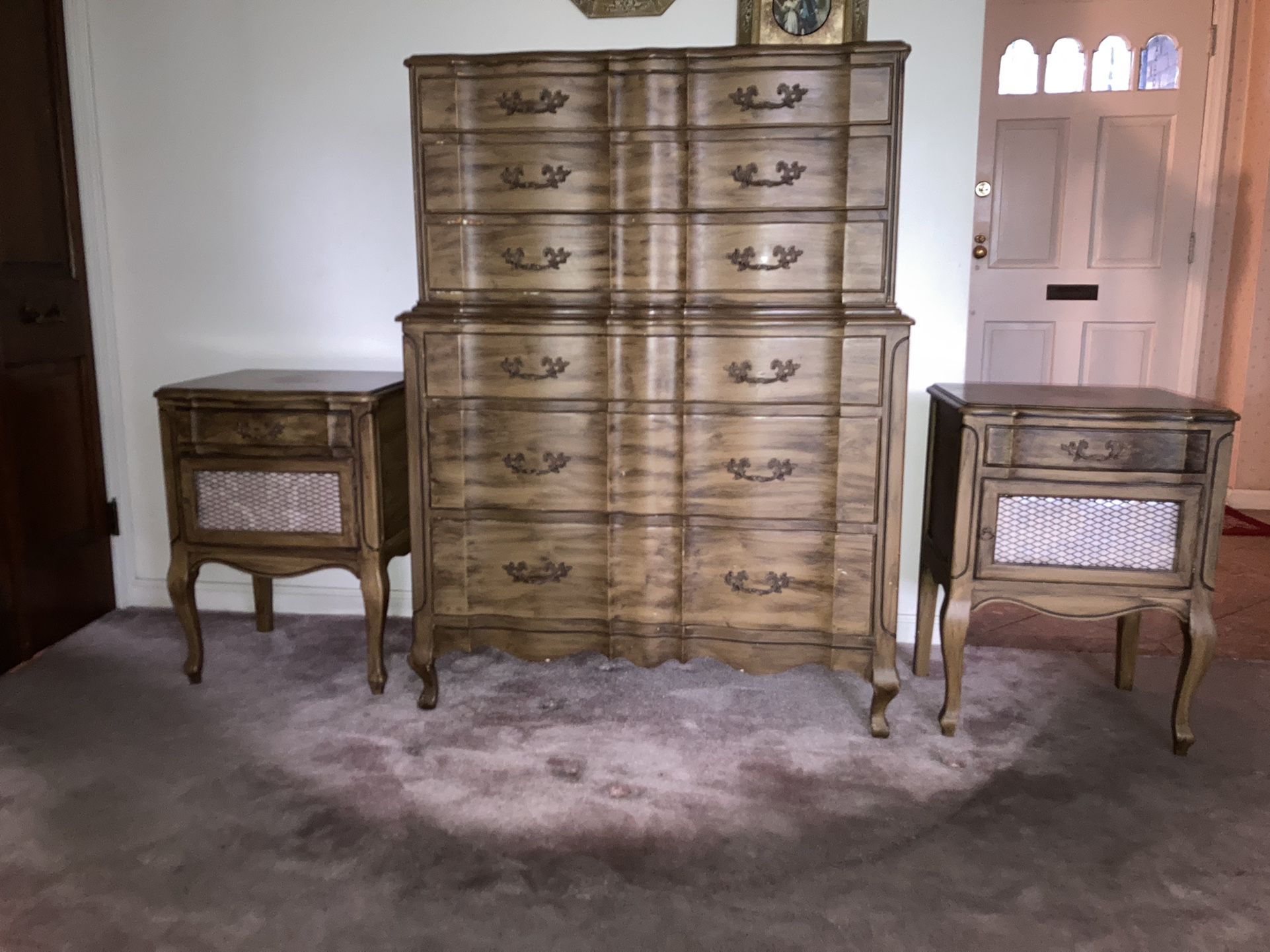 French Provincial Walnut Antique Wood Bedroom Set