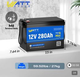 WattCycle 12V 280Ah LiFePO4 Lithium Battery With Bluetooth Mini Size, Built-In 200A BMS, EVE A+