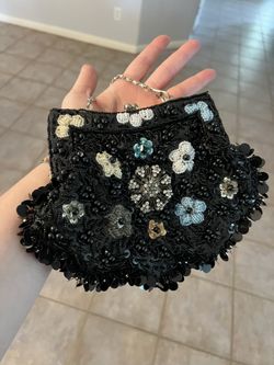Black Sequin Flower Clutch with Ball Clasp and Chain Strap - Vintage-style