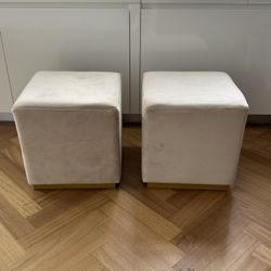 Two Beige Velvet Square Ottomans