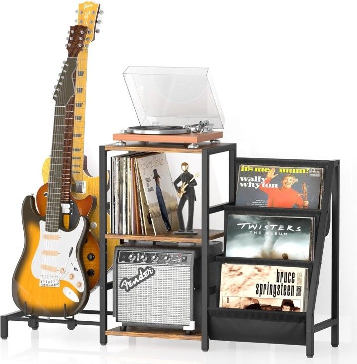 New Record Player and Guitar Stand with Amp Stand, 3-Tier Vinyl Record Storage