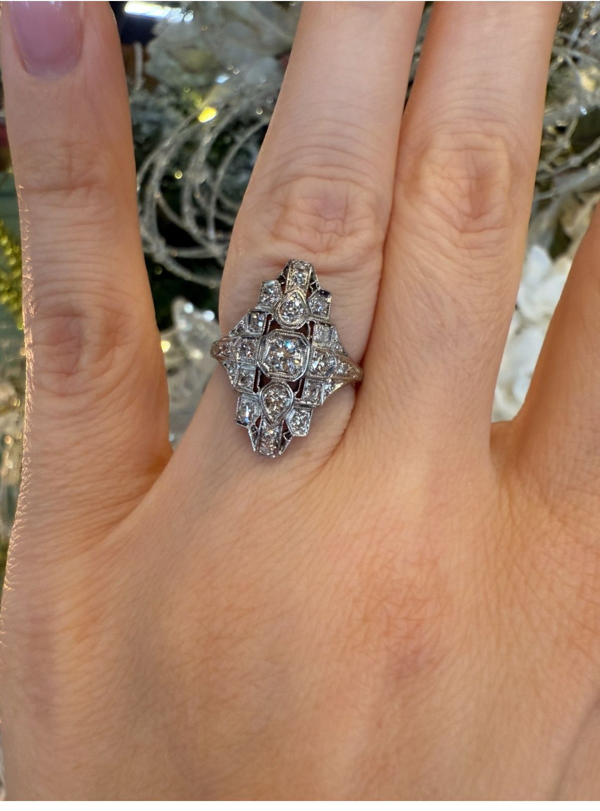 Platinum Art Deco Ring With Natural Old European Diamonds
