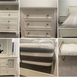 7 piece White Wood Queen Bedroom Furniture Set - Mattress and Box Spring Included!