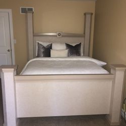 Queen wooden beige bed, chest, dresser and mirror set