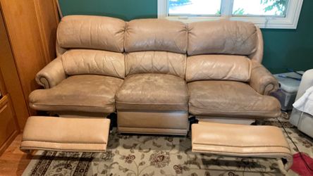 Hancock & Moore Leather sofa with mechanical leg supports.  Wall hugger.