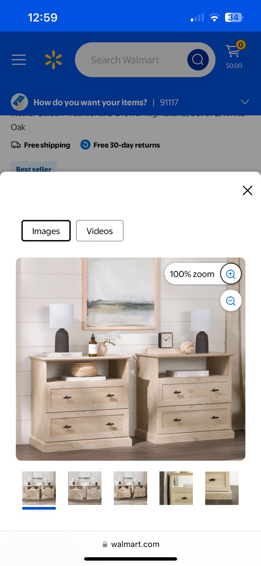 Walker Edison Traditional 2 Drawer Nightstand Set of 2 White Oak