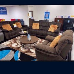 Barcelona Brown Fabric Reclining 3 Piece Living Room Sets---$1399---Fantastic Deal!!!---No Credit Needed Financing Available 