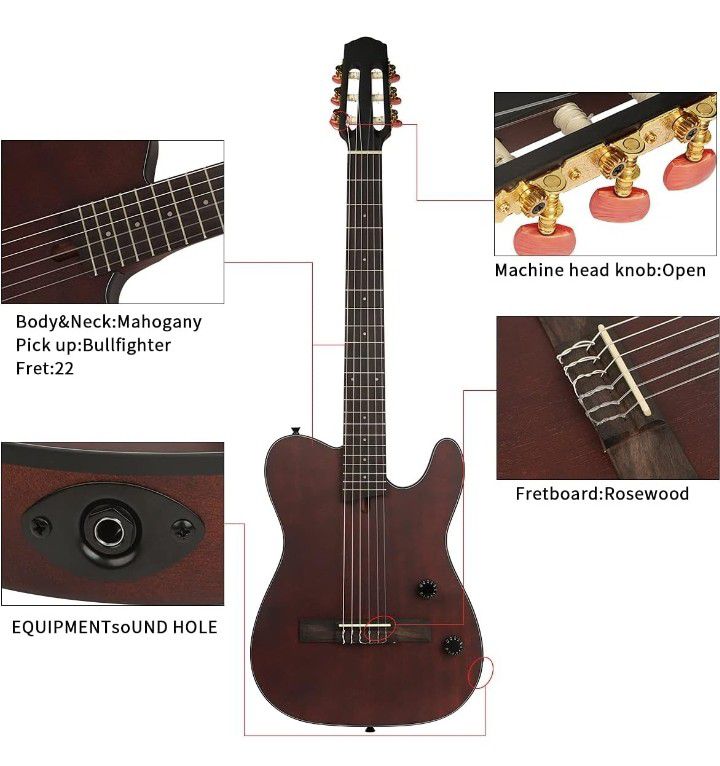 Acoustic Guitar Silent Nylon 6 String Travel Electronic Classical Portable Built in Effects Steel Guitars Case Bag,Strap,Strings,Tuner Brown