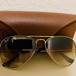 Ray Ban Aviators- Brown With Golden Frame, Uv Protector With Leather Case