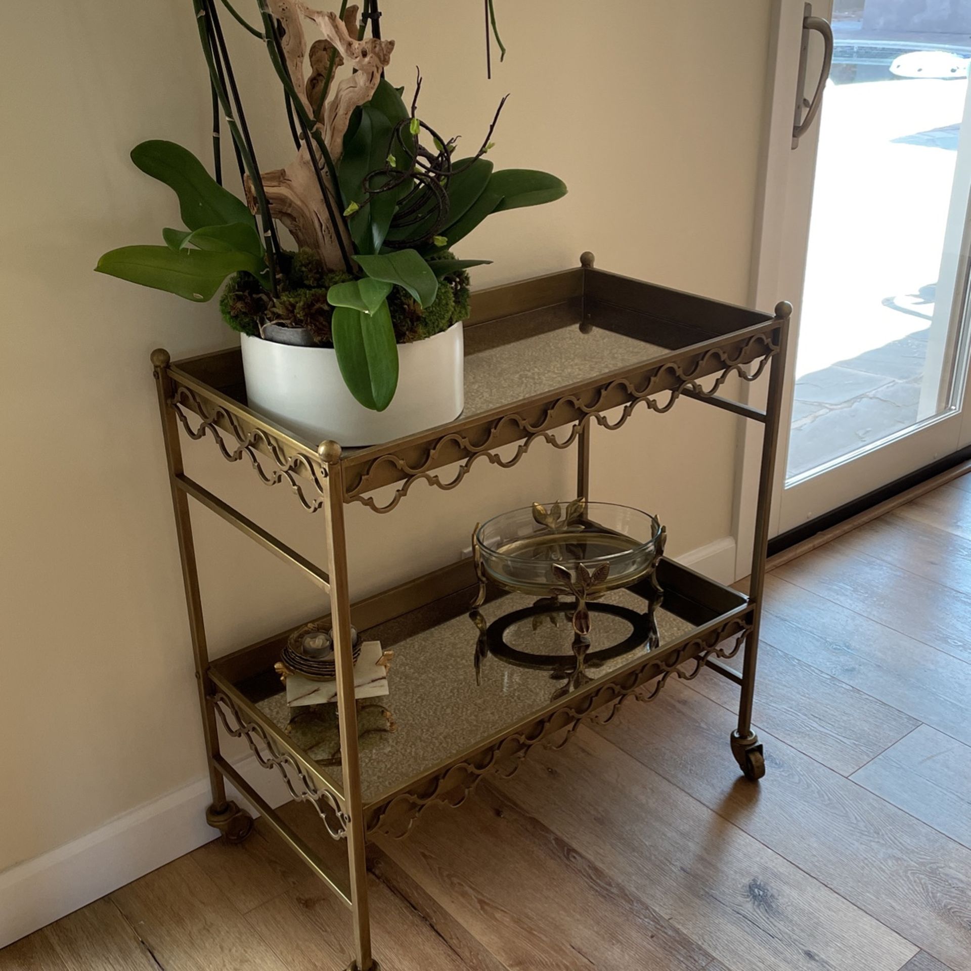 Bar Tray gold With Wheels Very Nice