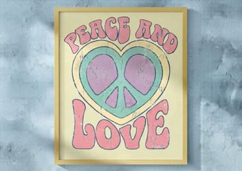 8.5x11 cardstock Print Peace and Love Retro Heart Wall Art - Pink, Purple, Green