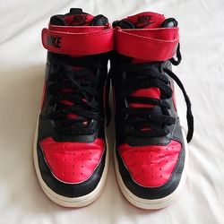 Nike Boys High Top Sneakers Red Black Leather Upper Lace Up Basketball Size 7Y