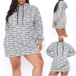 Fashion Nova I want a boy Gray hooded Sweatshirt mini Dress, size M