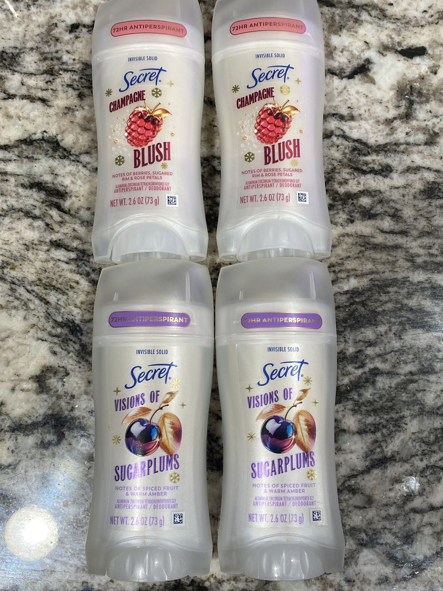 Set of 4: Secret Antiperspirant/Deodorant Invisible Solid, Brand NEW, never opened. 2 are Champagne Blush and 2 are Visions of Sugarplums. Full size