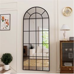 Arched Full Length Mirror 70"x26" Black Windowpane Floor Mirror,Metal Frame Grid Full Body Mirror Wa
