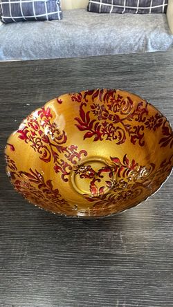 Amber Glass Decorative Bowl with Red Floral Pattern