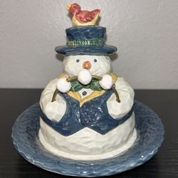 1998 Vtg Enesco Sande Elkins Snowman Dish Kitchen Ceramic Blue Bird On Hat 6”