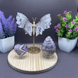 Hand Carved Dream Amethyst Butterfly Wings with stand 209 g 6.5” x 5” , Egg 244 g 2.9 inches, heart 52 g 1.7 inches
