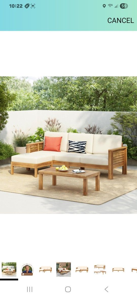 Christopher Knight Home Havets 3 Pieces Outdoor Acacia Furniture Set, Slat Panel Couch, Spacious Seating Armchair, 6" Thick Cushions Sofa and Coffee T