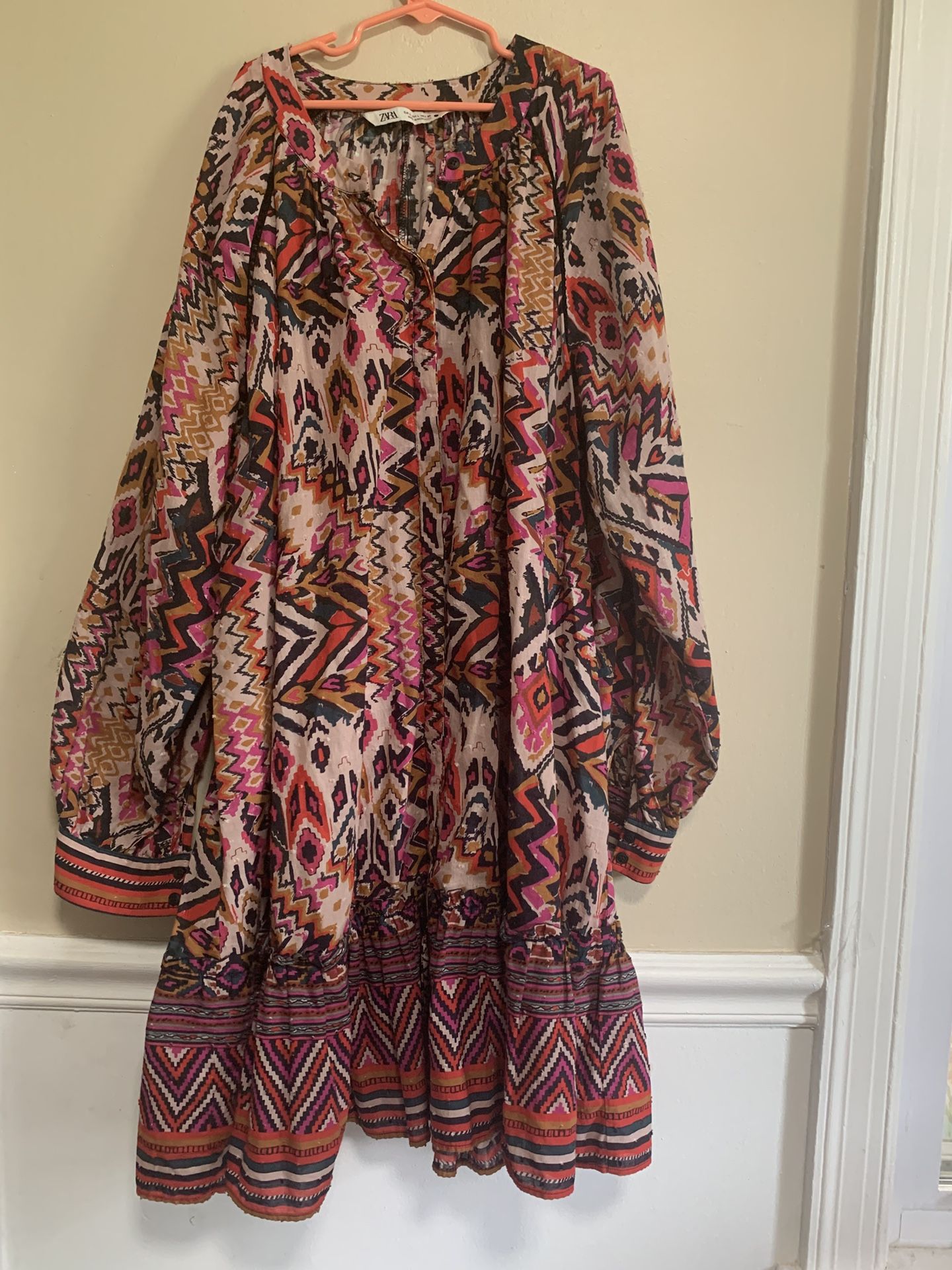 ZARA Boho Tunic Dress L Ikat Tribal Print Long Sleeve Button Cuff Morocco