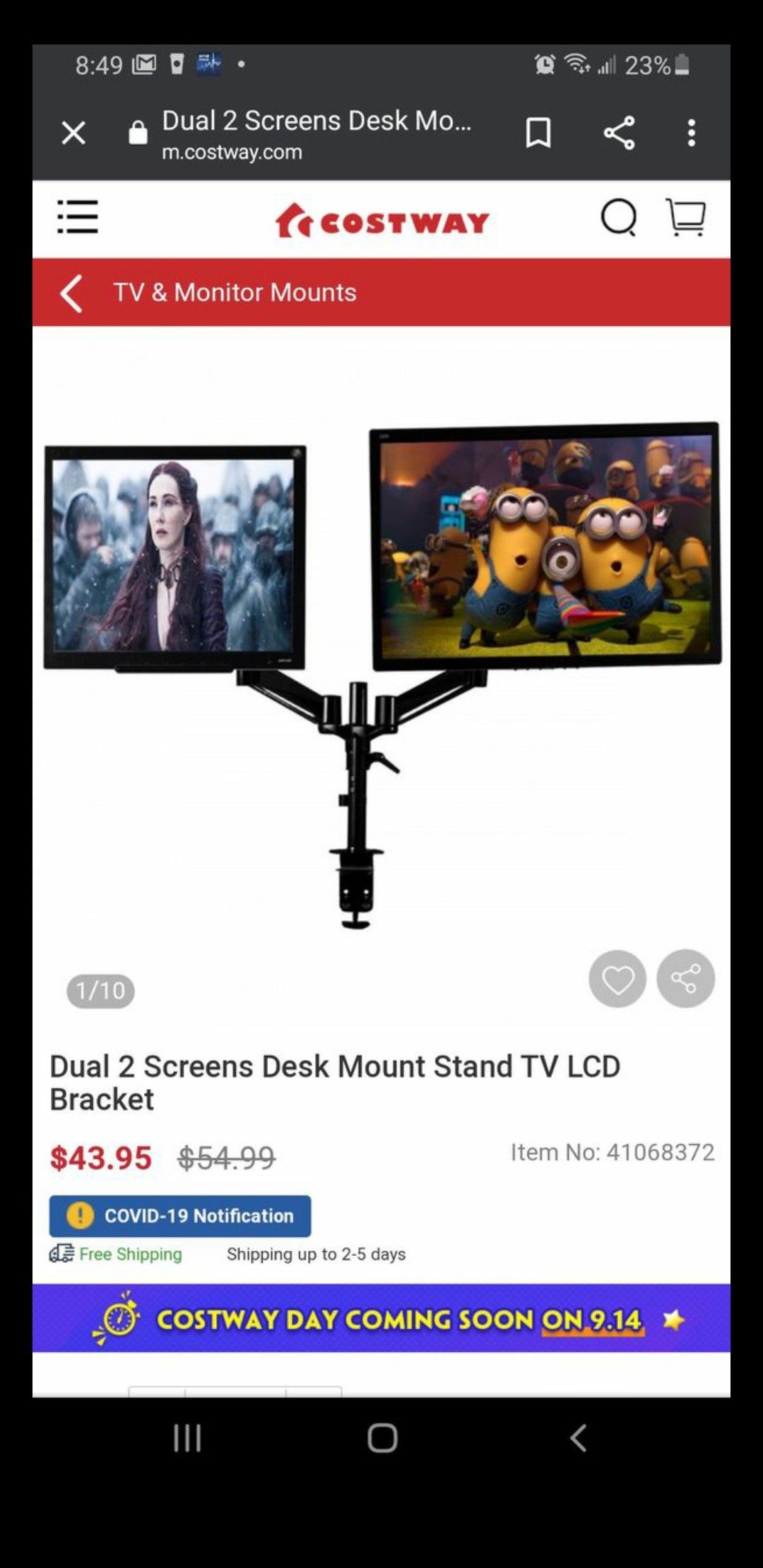 Dual 2 Screens Desk Mount Stand TV LCD Bracket