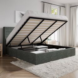 King Size Lift Up Storage Bed/Modern Wingback Headboard/Upholstered Platform Bed Frame/Hydraulic Storage/No Box Spring Needed/Wood Slats Support/Dark 