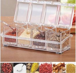 Seasoning Box, 4-Grid Acrylic Spice Jar, Spice Container, Spice Storage Box, Transparent Seasoning Box, Transparent Seasoning Storage Container