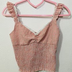 Pink gingham crop top with lace trim SIZE M