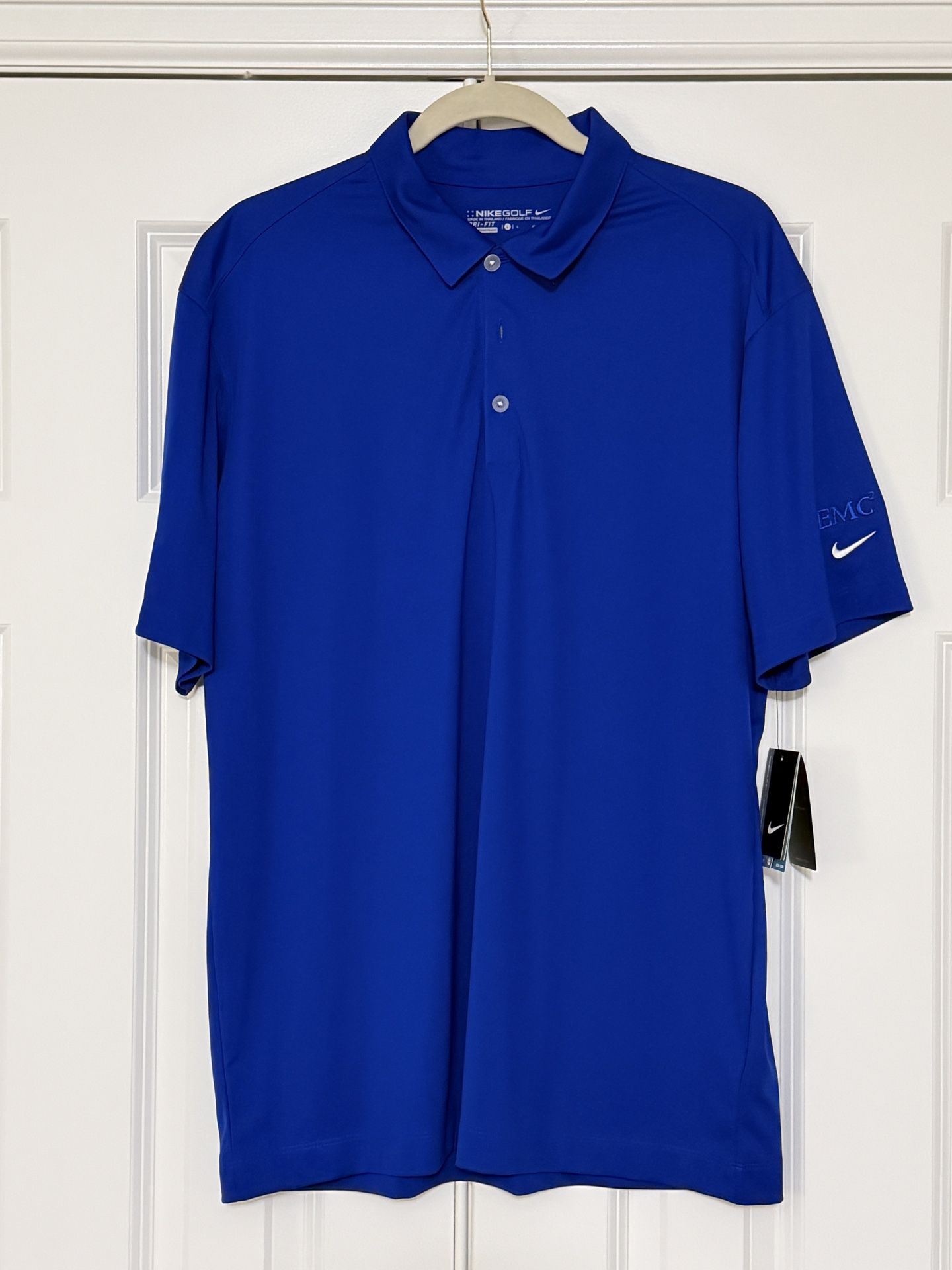 NIKE GOLF SHIRT Dri-Fit Arrow Dell EMC Logos LARGE Blue NEW w/ TAGS