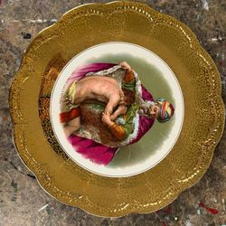 Vintage Gold Gilt Decorative Cabinet Plate Prodigal Son Murillo Style Porcelain