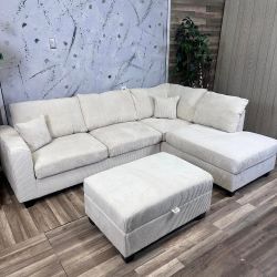 Beige Courduroy Sofa and Ottoman