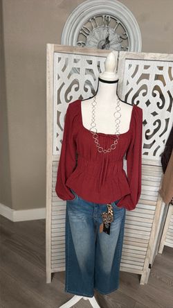 Burgundy Peplum Blouse with Balloon Sleeves
