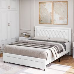 White Queen tufted Leather Bed