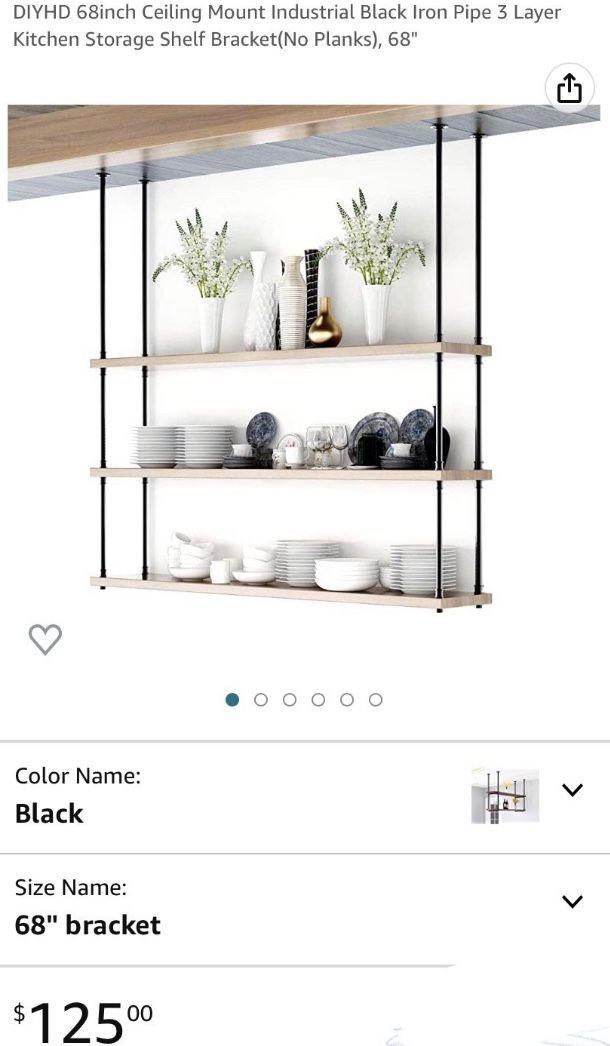 68inch Ceiling Mount Industrial Black Iron Pipe 3 Layer Kitchen Storage Shelf Bracket(No Planks), 68"