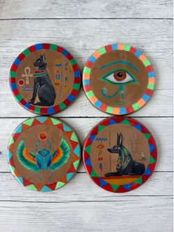 Ancient Egypt Coaster Set. Hand-Painted Mystical Home Decor. Set of 4 + Box