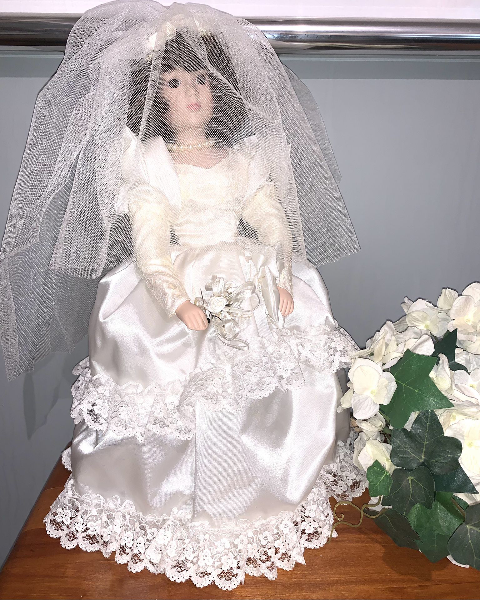 PORCELAIN BRIDE DOLL with STAND 17inches Tall - Never displayed SEE ALL PICTURES 