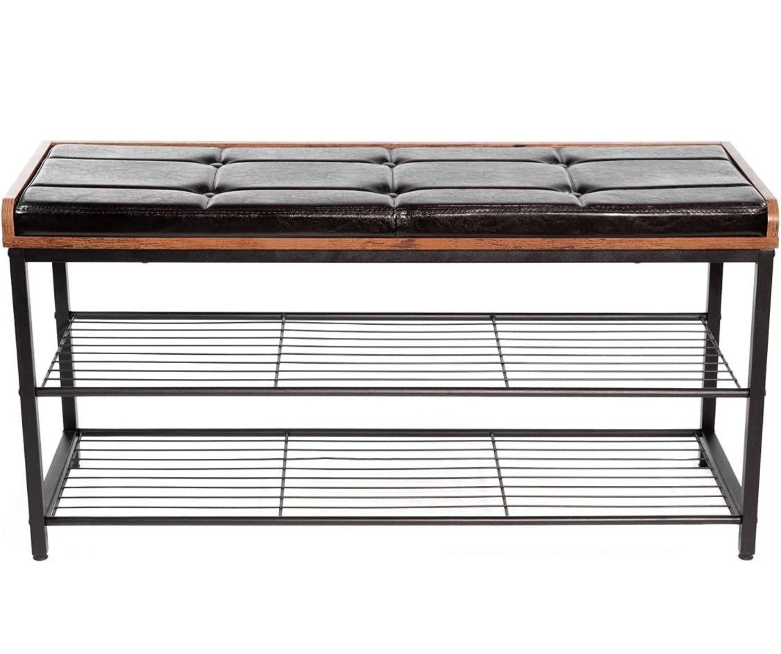 Two Layer Shoe Bench Rack Storage with PU Leather Padded Seat Top, Metal Frame, Rustic Brown