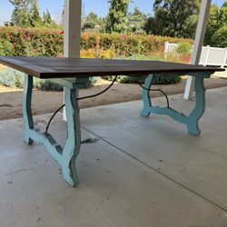 Vintage Rustic Wood Dining Table | Farmhouse Style | Turquoise Base